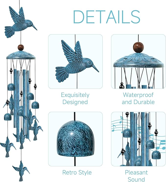 Windchimes Outdoors, 40" Hummingbird Wind Chimes for Outside, Home Yard Patio Decor Memorial Wind Chime Gifts for Mom Grandma, Hummingbird Gifts for Women