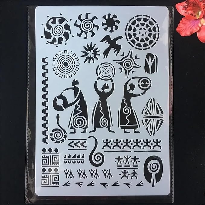 TIAMECH A4 Reusable Ancient Man Stencil for Painting - Tribe Totem Snake Bird Sun Layering Template, DIY Wall Art, Wood Furniture, Scrapbook & Crafts (8.3x11.7inch)