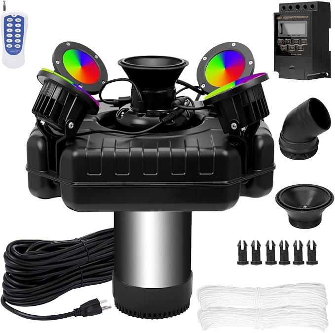 1HP Pond Fountain Aerator for Large Pond & Lake, 15000 GPH Pond Fountain with 4 RGB Lights, 110V/750W Stainless Steel Floating Aerating Fountain with Timer, 100 ft Power Cord & 200 ft Nylon Rope