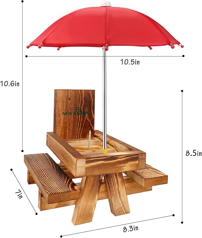 MIXXIDEA Squirrel Feeder Picnic Table with Tall Umbrella, Wooden Squirrel Feeders for Outside, Cute Chipmunk Feeder with Corn Cob Holder, Solid Structure, Thick Wood (Rustic Brown Red Umbrella)