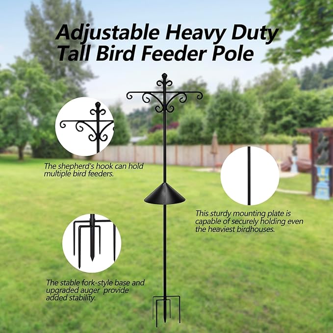 92Inch Shepherds Hooks for Outdoor with Squirrel Baffles – 6 Adjustable Hooks, 5 Prongs Base – Tall Bird Feeder Pole & Garden Stand for Hanging Plants, Lanterns, Hummingbird Feeders