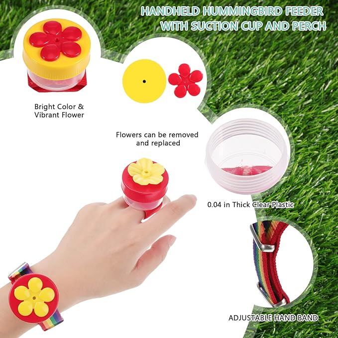 Zopeal 4 Pieces Hummingbird Wrist Feeder for Outdoor Hummingbird Hand Feeder Feeding Perch Feed with Adjustable Strap Flower Held Mini Hand Feeding Tools (Ring and Wrist Style)