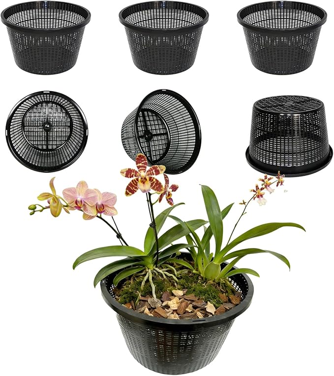 8.5-Inch Round Aquatic Plant Baskets - 6 Pack Durable Black Plastic Mesh Pond Containers for Live Aquarium Plants, Pond Planting & Hydroponic Pots
