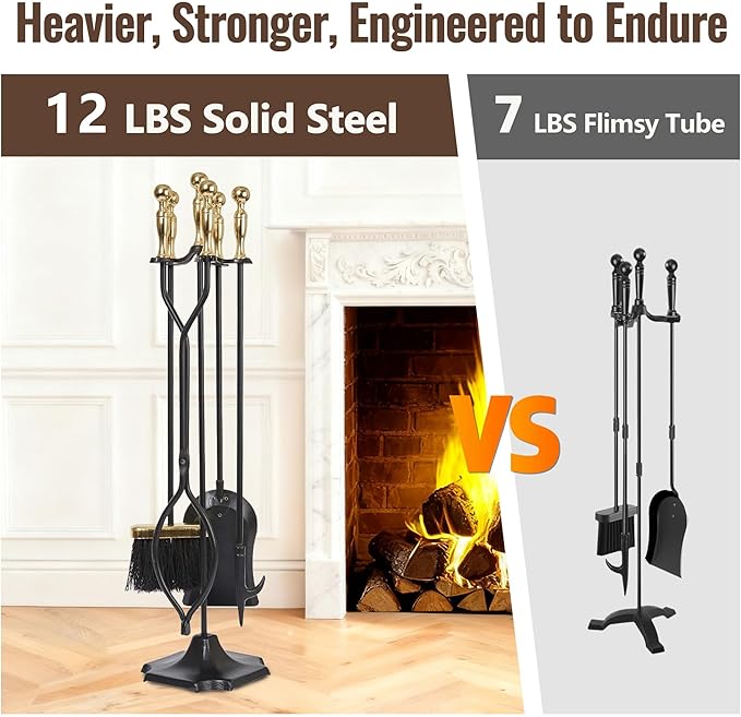 AMAGABELI GARDEN & HOME Fireplace Tools Set 5 Pieces Log Gold Handle Wrought Iron Fire Set with Stand Holder Fireset Fire Pit Indoor Outdoor Tongs Shovel Brush Poker Wood Stove Hearth Accessories