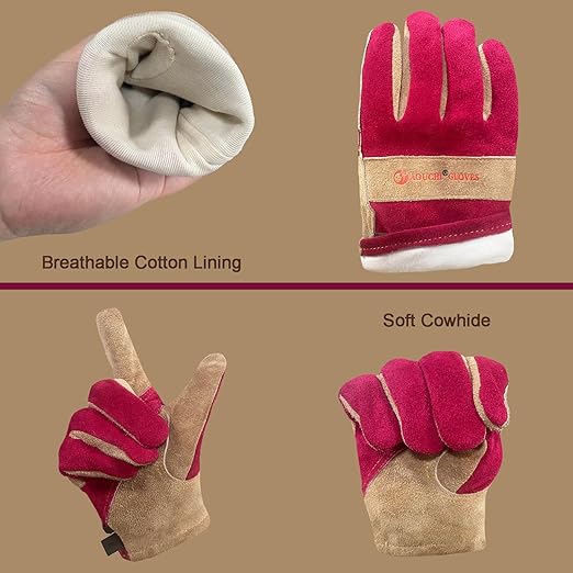 Women's Cotton Lined Leather Work Gardening Gloves, Rose Trimming, TIG/MIG Welding, Construction, Farm, Ranch Flexible Cowhide Gloves, Comfortable, Durable (Small)