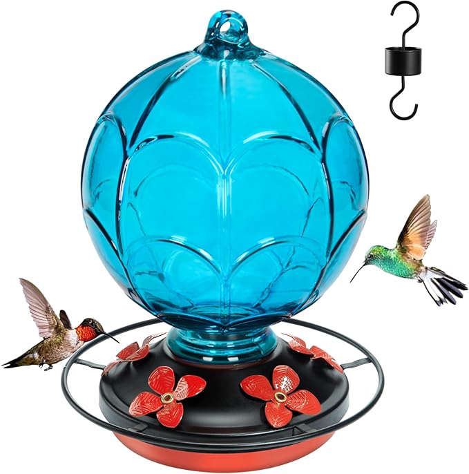 26 OZ Glass Hummingbird Feeder for Outdoors Hanging - Hand-Blown Hot Air Balloon Design - Leak-Proof & Ant Moat - Garden Decor Gift for Mom, Blue