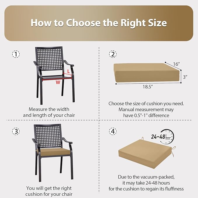 Outdoor Chair Cushions Set of 4, 18.5 x 16 Inch Patio Chair Cushions for Outdoor Furniture, Water Resistant, Non-Slip Ties(Khaki)