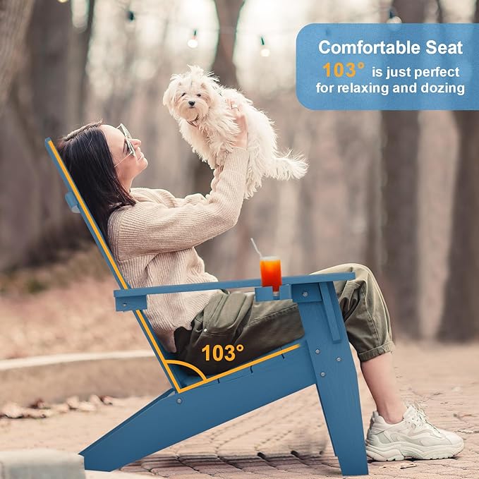 MXIMU Modern Adirondack Chairs Set of 2 Weather Resistant with Cup Holder Oversize Plastic Fire Pit Chairs Adorondic Plastic Outdoor Chairs for Firepit Area Seating (Navy)