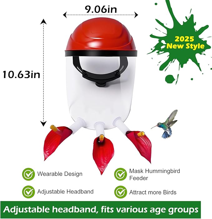2025 Upgraded Hummingbird Feeder Helmet | Wearable Hummingbird Mask Feeder with Anti-Fog Lens & Bionic Flower | Adjustable for Adults & Teens Lightweight PVC Red