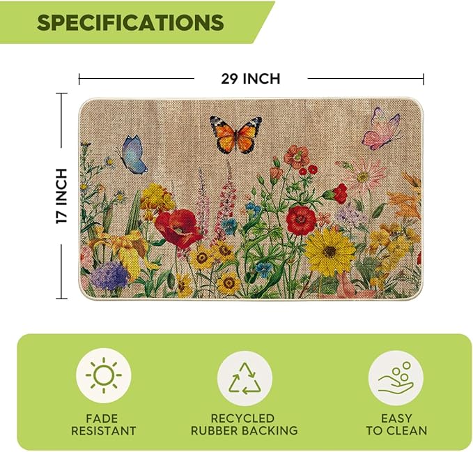 Artoid Mode Wood Flowers Butterfly Spring Doormat, Home Summer Decor Low-Profile Switch Rug Door Mat Floor Mat for Indoor Outdoor 17x29 Inch