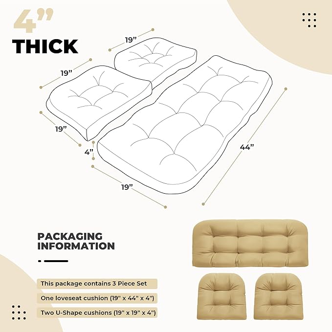 Wicker Chair Cushions, Waterproof Outdoor Loveseat Cushions for Patio Furniture, Tufted Wicker Furniture Cushions, 1 Loveseat and 2 U-Shaped Cushions, Khaki