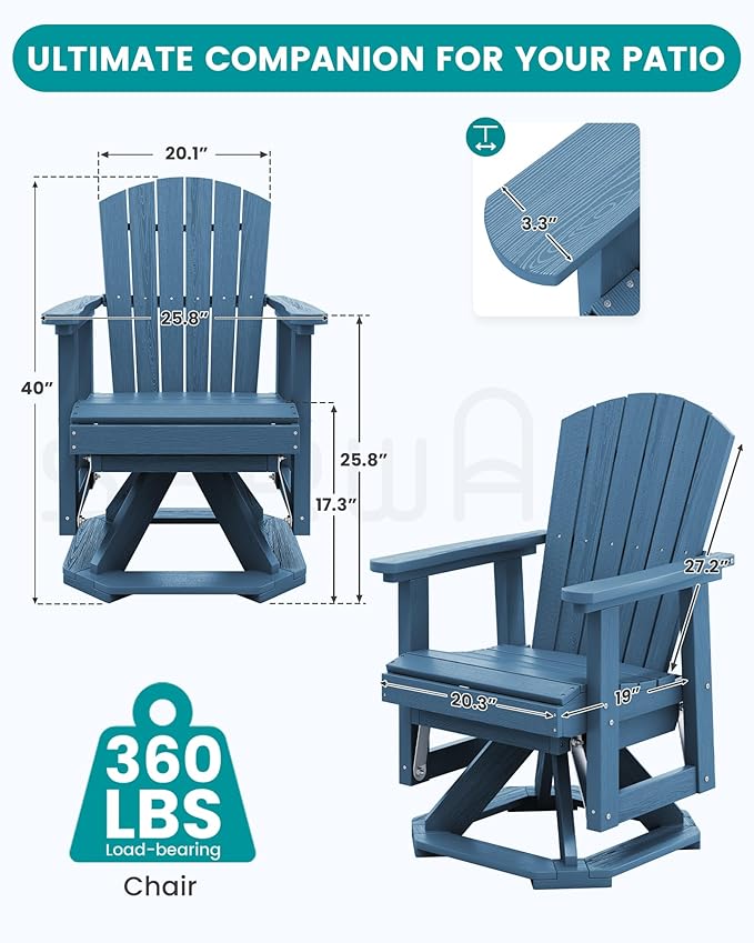 SERWALL Adirondack Swivel Glider Chair, HDPE Patio Glider for Outdoor, All-Weather Glider Chair for Porch, Balcony, Navy Blue
