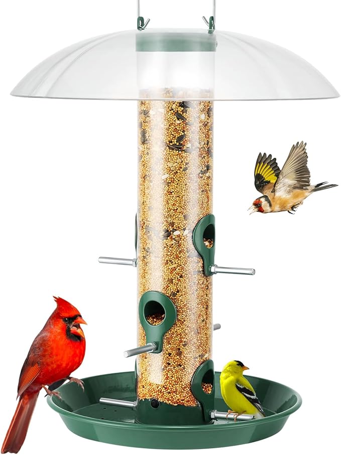 Kingsyard Metal Bird Feeders for Outdoors Hanging, Wild Bird Feeder with Large 11.5" Protective Dome and 8" Removable Tray, 3 lb Seeds Capacity (Green)