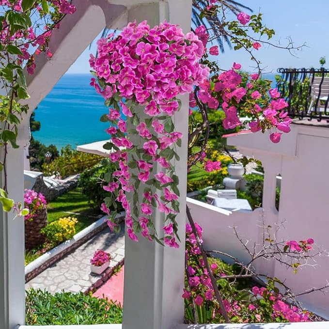 Ouddy Decor 4 Pcs Artificial Hanging Flowers Fake Hanging Plants Violet Flowers Vine Garland for Indoor Outdoor Garden Patio Yard Porch Home Wedding Decoration, Fuchsia