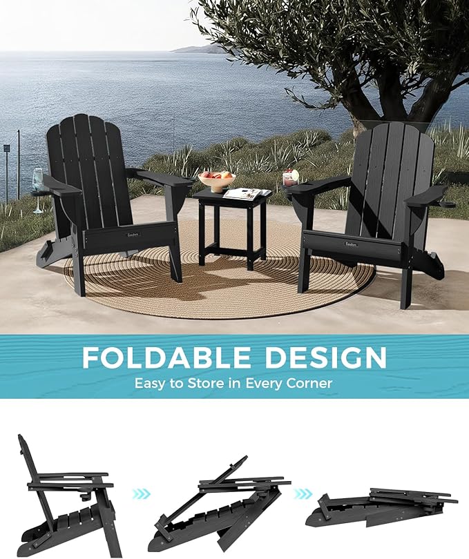 Adirondack Chairs Set of 6, HDPE Material Fire Pit Chairs, Plastic Adirondack Chairs with 2 Cup Holder, Outdoor Lawn Chair for Patio Garden,Black