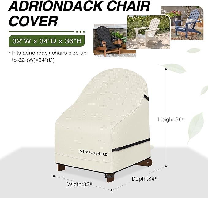 Porch Shield Waterproof Patio Adirondack Chair Cover 2 Pack Fits Outdoor Chairs 32W x 34D x 36H inch, Beige