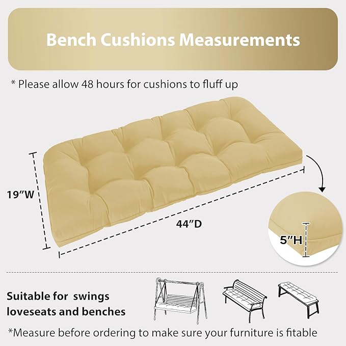 Tufted Bench Cushions for Outdoor Furniture, 44" x 19" Porch Swing Cushions Filled with Foam, Overstuffed Patio Cushions for Bench Loveseat with 2-3 Seats,Thick and Water Resistant, Khaki