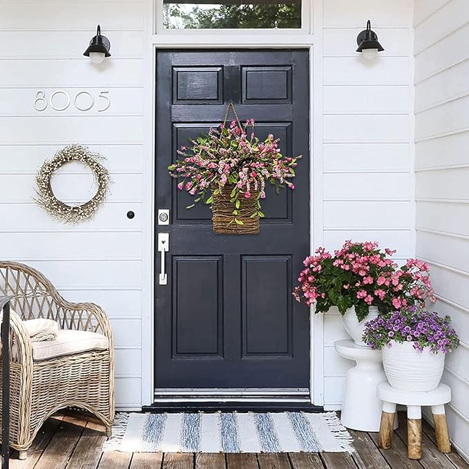Cream Hydrangea Door Hanger Basket Wreath, 2025 Wildflowers Door Hanging Basket, Front Door Beautiful Artificial Spring and Summer Welcome Sign, Home Porch Farmhouse Decor (B)