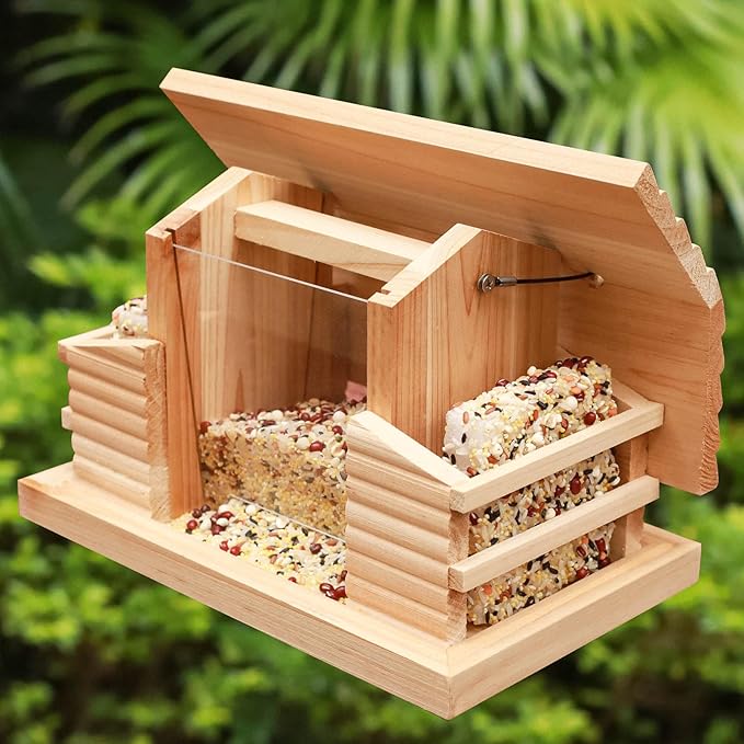 Double Suet Cake Bird Feeder, Wooden Hanging Platform with Windows, Outdoor Wild Bird Mealworm Feeder