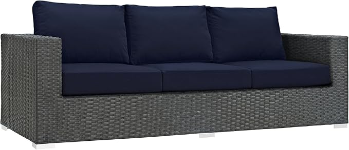 Modway Sojourn Wicker Rattan Outdoor Patio Sunbrella Fabric Sofa in Canvas Navy
