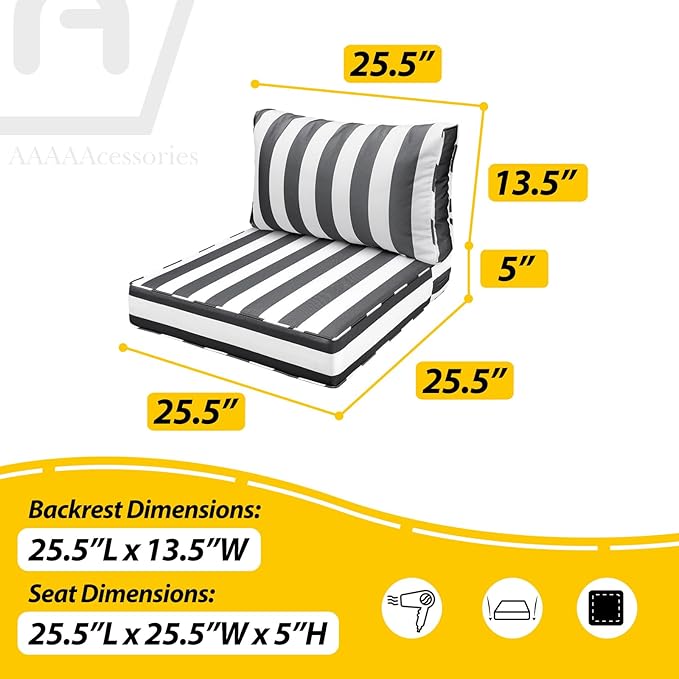 AAAAAcessories Outdoor Seat Cushions for Chairs, Fade-Resistant, Waterproof Patio Furniture Replacement Cushions, 25.5" x 25.5" x 5" + 25.5" x 13.5", Gray Cabana Stripe