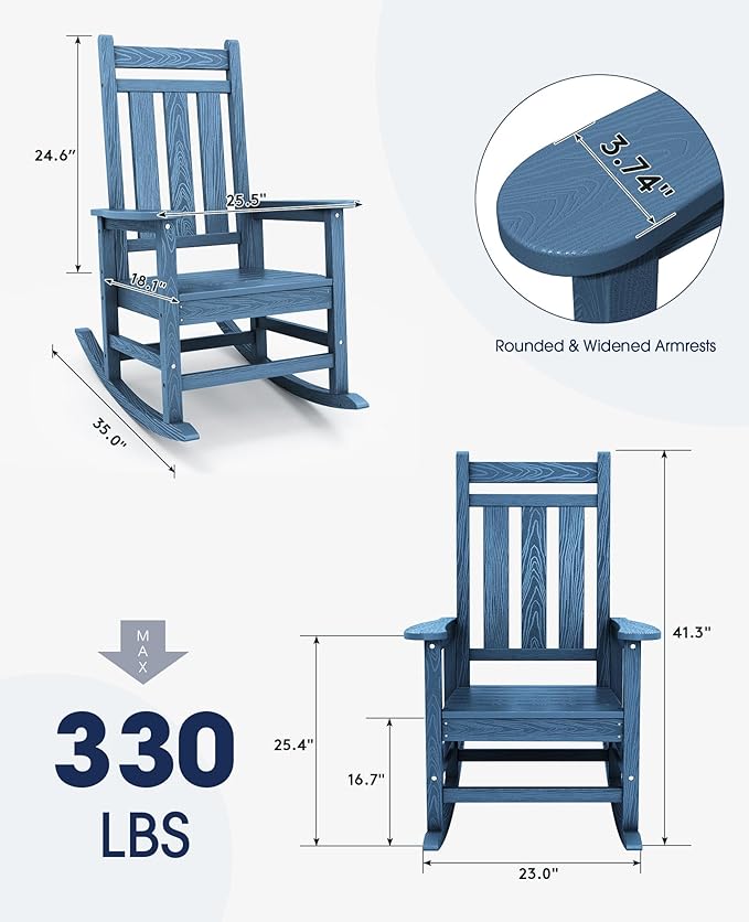 KINGYES Outdoor Rocking Chair Set of 2, All-Weather Patio Rocking Chairs for Porch, HDPE Rocking Outdoor Chairs with High Back for Adult, Heavy Duty Outdoor Patio Rockers for Garden, Lawn, Blue