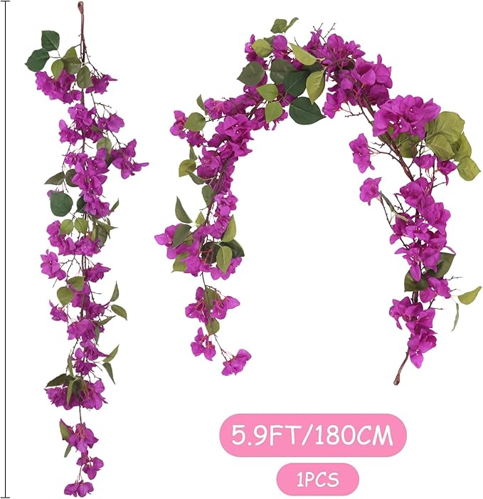 IPOPU Purple Bougainvillela Artificial Flowers Garland 5.9FT Faux Bougainvillea Hanging Flowers Artificial Vine Flowers for Table Runner Wedding Arch Centerpieces Porches Garden Decor (Purple)