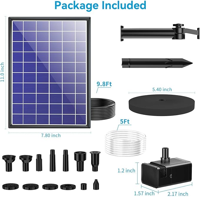 POPOSOAP 8W Solar Water Pump Built-in 3600mAh Battery Backup, Solar Bird Bath Pump with 9.8Ft Cable, 8 Nozzles & PVC Tubing, Solar Fountain for Bird Bath Garden Fish Tank Pond Water Feature P108D