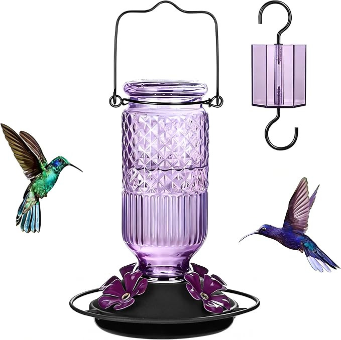 FEED GARDEN Glass Hummingbird Feeder for Outdoors Hanging, 16 OZ Humming Bird Feeders with 4 Bee Guard Feeding Ports&Built-in Ant Moat, Hummingbird Gifts for Mom Bird Feeder for Outside, Purple,1 Pack
