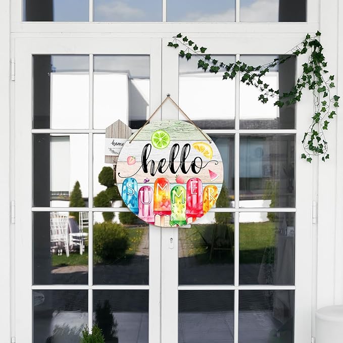 TAGDANK Rustic Wood Hanging Plaque Summer Decor 'Hello Summer' 11.8*11.8*0.2inches