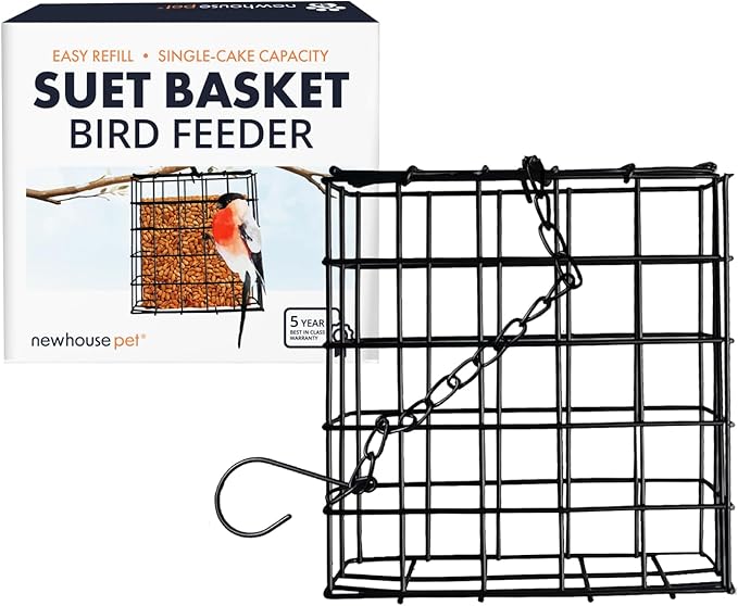 Newhouse Pet Single Cake Suet Basket Bird Feeder NHP-Suet-BLK, Small Hanging Bird Feeder for Outdoors, Suet Cake Holder for Jays, Woodpeckers, Chickadees, Wrens, and Other Birds