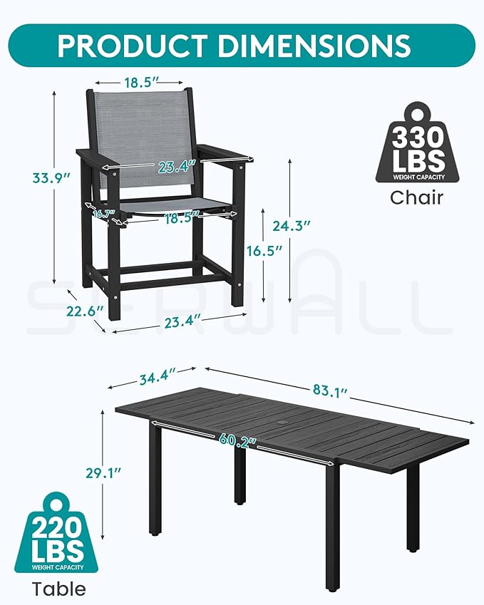 SERWALL 5-Piece Outdoor Table and Chairs, 60" - 83" Expandable Outdoor Dining Table with 4 Breathable Textilene Chairs, All Weather HDPE Patio Furniture Set for Backyard, Garden, Black
