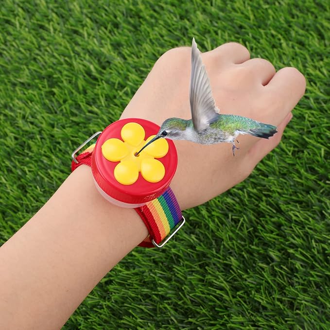 Zopeal 4 Pieces Hummingbird Wrist Feeder for Outdoor Hummingbird Hand Feeder Feeding Perch Feed with Adjustable Strap Flower Held Mini Hand Feeding Tools (Ring and Wrist Style)