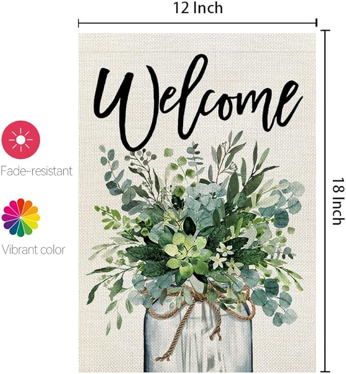 CROWNED BEAUTY Spring Eucalyptus Mason Jar Garden Flag 12x18 Inch Double Sided for Outside Welcome Burlap Small Yard Flag Green