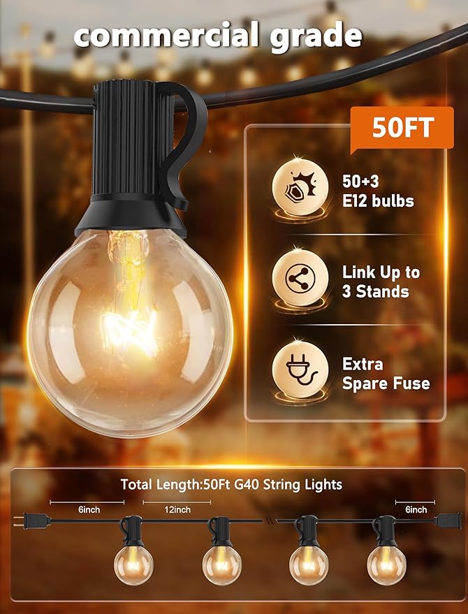 Abeja 50FT G40 Globe String Lights, Outdoor Patio String Lights with 53 Edison Globe Bulbs(3 Spare), Hanging Bistro Light Waterproof for Balcony Party Wedding Market Cafe, Black