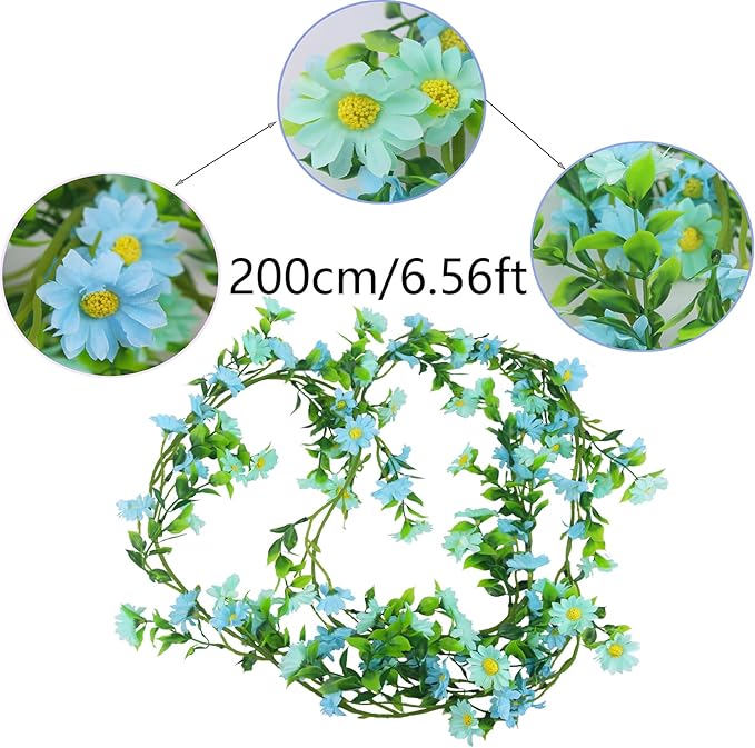 CISDUEO Artificial Daisy Flowers Vine Silk Wildflower Garland Spring Fake Flower Vine Hanging Ivy Blue Daisy Flowers Green Leaves for Wall Party Wedding Arch Floral Decor Home Indoor Outdoor Ceremony