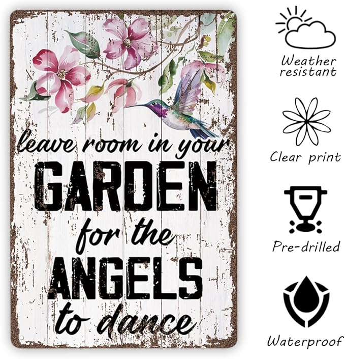 Metal Garden Sign, Leave Room in Your Garden for the Angels to Dance Sign, Decorative Wooden Wall Plaque, Cottage Yard Balcony Decor, Outdoor Vintage Metal Tin Signs 11.8 * 7.9inches
