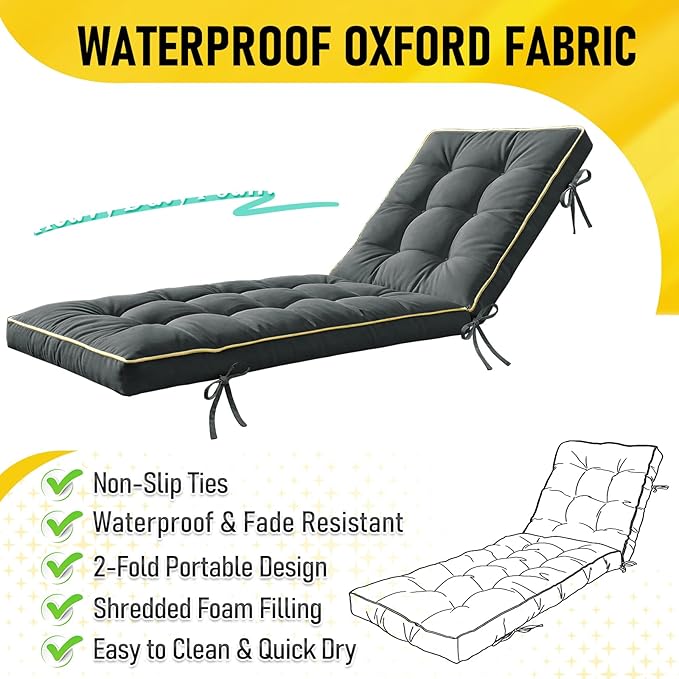 80x26 Inch Folding Chaise Lounge Cushion Quick Dry - Outdoor Sun Lounger Seat Pad with Shredded Foam for Patio Furniture, Deck Chairs, Poolside (Gray, 80 INCH × 26 INCH)