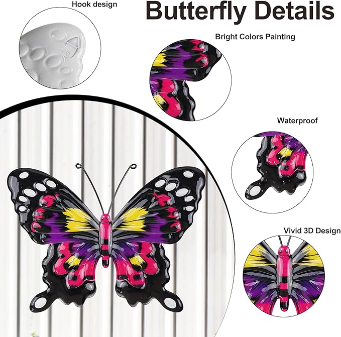 ULENDIS 4 Pack Metal Butterfly Wall Art Outdoor Decor, 9.8in Colorful Fence Wall Art Decor, Wall Sculpture Hanging Decoration for Garden Yard Living Room Bedroom Patio Balcony(D)