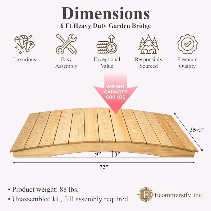 6 FT NATURAL Amish Made Pinewood Heavy Duty Garden Bridge for Walkway, Backyard Pond & Landscaping, Outdoor Wooden Footbridge for Koi Pond, Japanese Style Decorative Bridge, Made in USA