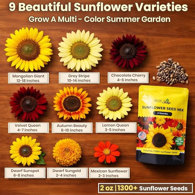 NatureZ Edge 1300+ Sunflower Seeds Garden Variety Pack, Bulk Sunflower Seeds for Planting Flowers, Get More Sunflower Seeds to Plant, Mammoth, Dwarf, Lemon Queen, Giant and More. 2oz Packet