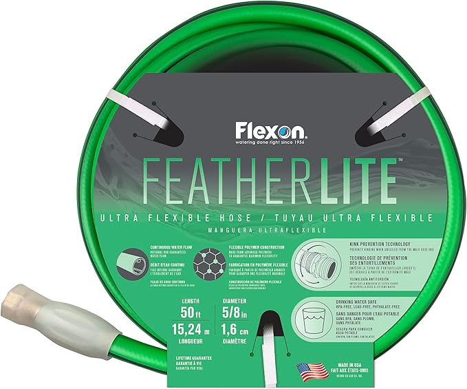 Flexon Featherlite 5/8" x 50-Foot Ultra Flexible Drinking Water Safe Garden Hose – Heavy Duty, Kink-Resistant, Lightweight, Durable, Ideal for Lawn, Garden, and Outdoor Use