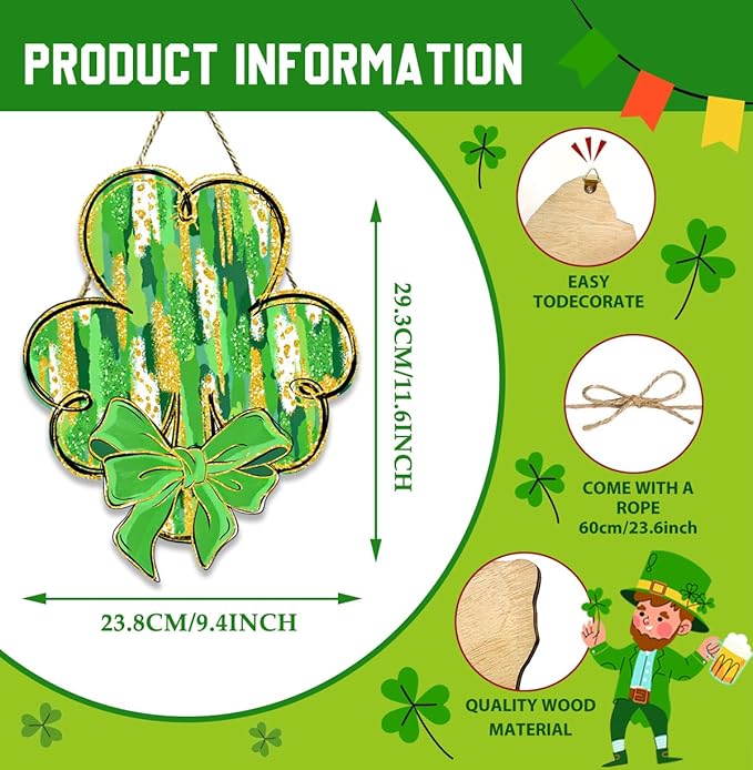 St Patricks Day Door Decorations, St Patricks Day Decorations, Shamrock Door Decoration, Lucky Gold Glitter Bow Clover Wood Hanging Sign for Office Party Porch Yard Outdoor Indoor Home Decor