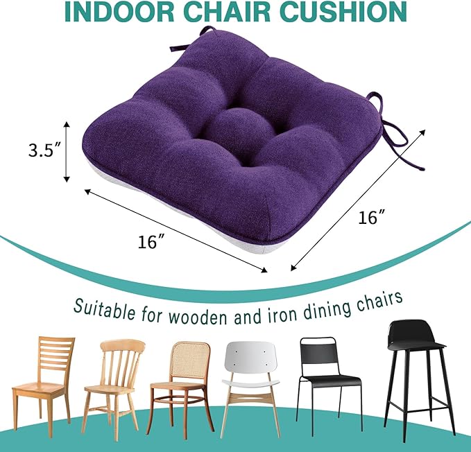 BETU Chair Cushions for Dining Chairs Set of 6,3.5" Thick Kitchen Table Chair Pads with Ties,Non Slip Backing and Covers, Seat Cushion for Dining Room,Bar,Patio Chairs,16"X16"X3.5",Dark Purple