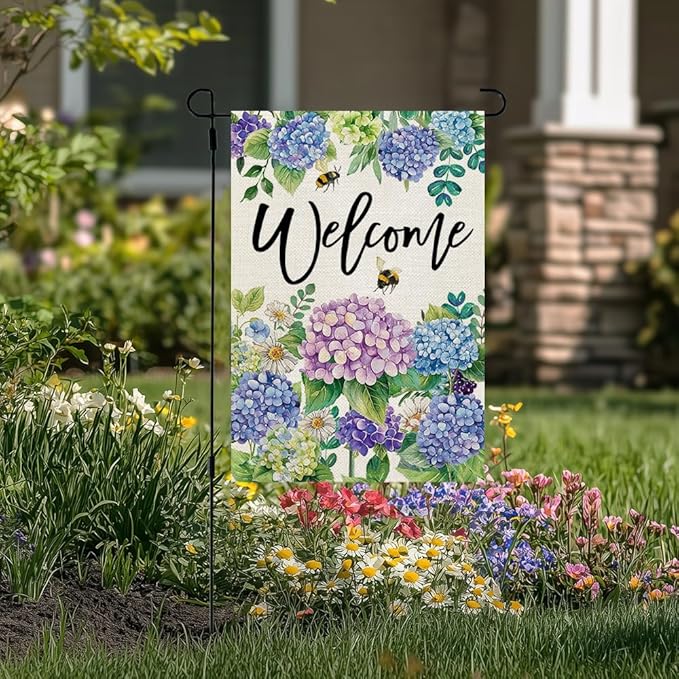CROWNED BEAUTY Spring Garden Flag Floral Hydrangea Double Sided 12x18 Inches Small Burlap Welcome Holiday Seasonal Yard Decoration for Outside Porch CF1751-12