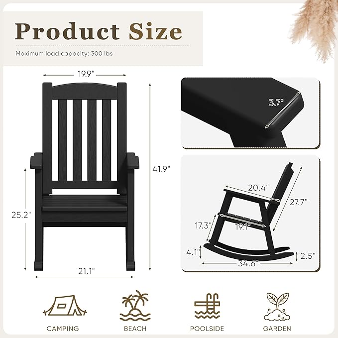 Greesum Outdoor Rocking Chair, 300lbs All-Weather Patio Rocker, Rust-Proof & UV-Resistant, Comfortable Smooth Glide for Deck, Porch, Lawn, or Garden, Black