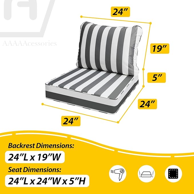 AAAAAcessories Outdoor Deep Seat Cushions, Waterproof, Fade-Resistant Patio Furniture Replacement Cushions, 24" x 24" x 5", Set of 4, Gray Cabana Stripe