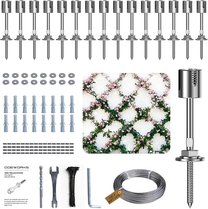 DOEWORKS Wire Trellis for Climbing Plants Outdoor, 16 Set Wall Wire Trellis Kit with 1/8 in x 80ft Stainless Steel Cable, Espalier System for Fence and Garden DIY Projects