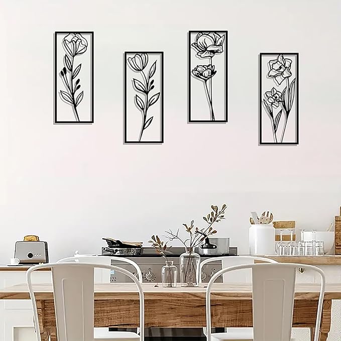DUOOLN Metal Flowers Wall Art Decor, 4pcs Minimalism Flower Hanging Iron Decoration, Modern Plant Potted Art Sculpture Sign, Home Bedroom Bathroom Outdoor Indoor Kitchen Feature Wall-15.7x6.69in