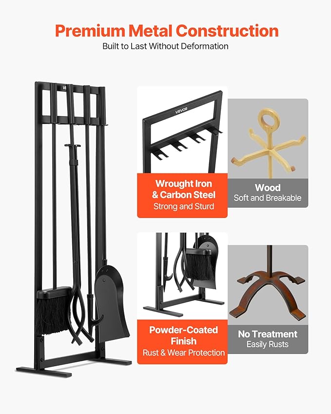 VEVOR Fireplace Tool Set, 5 PCS Fire Tool Set and Holder with Square-Frame Stand, Tongs, Ash Shovel, Brush, Fire Place Poker, Wrought Iron Steel Fireplace Accessories for Indoor/Outdoor, Black